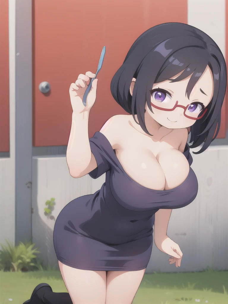 master-piece, bestquality, 1girls,, View viewers from front, HD, slight smile, massive tits, cleavage, under , tights cloth, , tiny body, under tits cleavage, look down, wide hips, sakie, black hair, red-framed eyewear, purple eyes, under-rim eyewear, on her kneel, outdoor,
