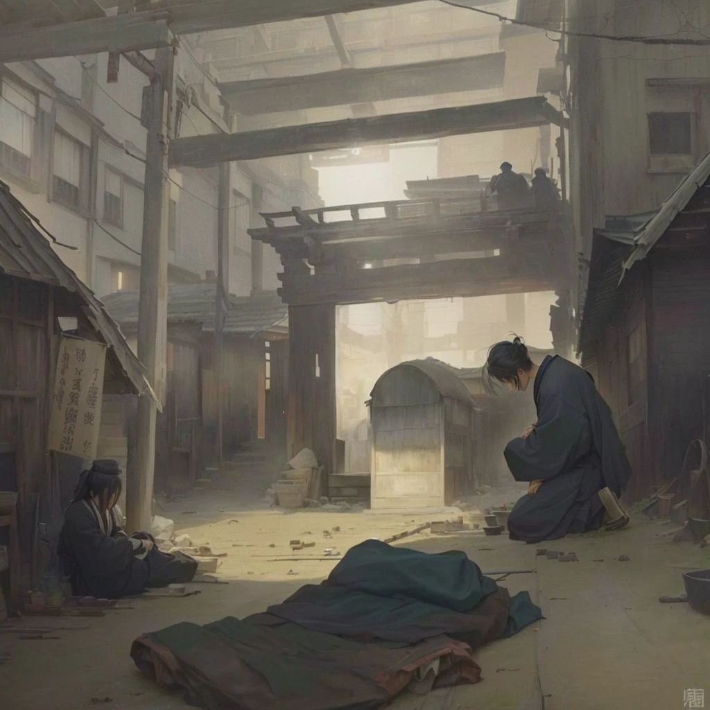 A painting of a man kneeling in a room with a bed, Xin Haicheng, by Kamisaka Sekka, dark. by Makoto Shinkai, dark工場の女性, スタジオグリブリー Xin Haicheng, artwork in the style of Gweiß, Gwayz on pixiv artstation, Beautiful artwork illustration, Gweiz 1. Scenery and Cityscape in the Early Meiji Era
After the Meiji Restoration, Japan underwent rapid modernization and civilization. Consequently, many changes and reforms occurred. Below is a detailed explanation of the scenery, appearance of the poor, occupations, and cityscapes in the early Meiji period (1868 to the early 1880s).
2. Appearance of the Poor
Life for the impoverished and lower classes remained harsh. In particular, in urban areas, people migrated from rural areas or unemployed artisans gathered, intensifying competition in the labor market. Many of them struggled with poverty, often residing in slums or around temples.
3. Occupations
Meiji early Japan witnessed a diversification of occupations. Traditional agriculture and handicrafts were accompanied by the rise of modern industry and commerce. Particularly in urban areas, factory workers, shop clerks, and transporters increased, giving rise to new professions. However, many in these occupations endured harsh working conditions.
4. Influence of Civilization and Enlightenment
During the Meiji era, Western cultural influences spread rapidly. Changes in clothing, dietary habits, and the proliferation of Western-style architecture advanced, especially in urban areas. Conversely, this development posed a threat to traditional culture and lifestyles, resulting in societal upheaval and adaptation challenges.
5. Social Change and Policy Influence
While promoting modernization policies, the government also addressed poverty and social issues. Legislation for labor protection and charitable activities to aid the poor were implemented. Nevertheless, living conditions for the impoverished scarcely improved.
The early Meiji period marked a rapid transformation in Japan, with complex social landscapes involving challenges faced by the poor