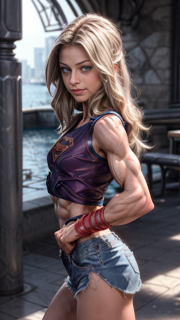 Cute, gorgeous, Caucasian girl, fit, (muscular:1.2), 18, (flexing biceps:1.5), abs, slender, slim, long blonde hair, blue eyes, glamorous, seductive, stunning, flawless, perfect, beautiful, cute, pretty, makeup, flirtatious smile, full body, sleeveless crop top, daisy duke shorts, masterpiece, 8k, highly detailed, , victory pose, side view, (Melissa Benoist), supergirl