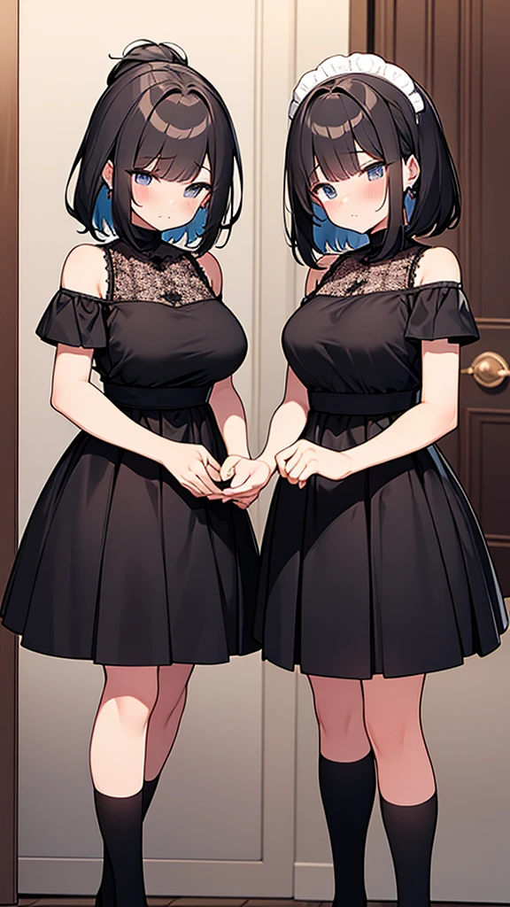 ((masterpiece)), (Highest quality、32k), (Simple style), (Faceless,Face peeling), 2 Girls, A maid with the ability to peel faces and a faceless princess, Big Breasts, Big Swing Chest, Wearing a face stolen from someone else, Sexy body, Sleeveless, No sleeve, Off the shoulder, Black Dress, Pleated lace, Lace dress, black knee socks. Standing, whole body, both hands touch the face, Luxurious Room, {{A maid who stole the princess&#39;s face by making it look blank.}}, Browsing Caution, NSFW