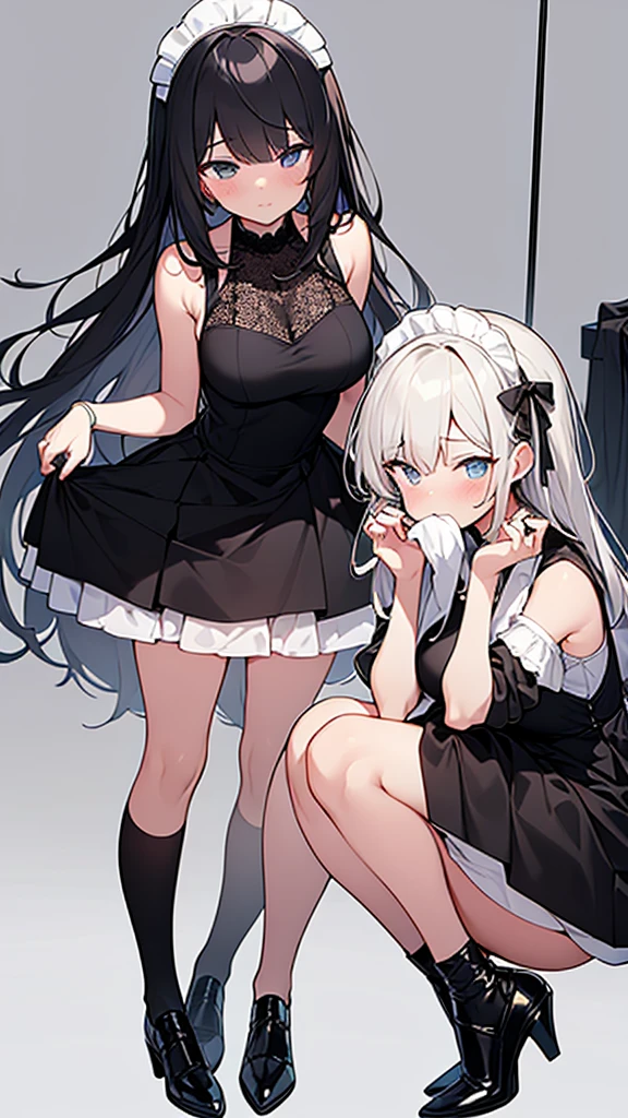 ((masterpiece)), (Highest quality、32k), (Simple style), (Faceless,Face peeling), 2 Girls, A maid with the ability to peel faces and a faceless princess, Big Breasts, Big Swing Chest, Wearing a face stolen from someone else, Sexy body, Sleeveless, No sleeve, Off the shoulder, Black Dress, Pleated lace, Lace dress, black knee socks. Standing, whole body, both hands touch the face, Luxurious Room, {{A maid who stole the princess's face by making it look blank.}}, Browsing Caution, NSFW