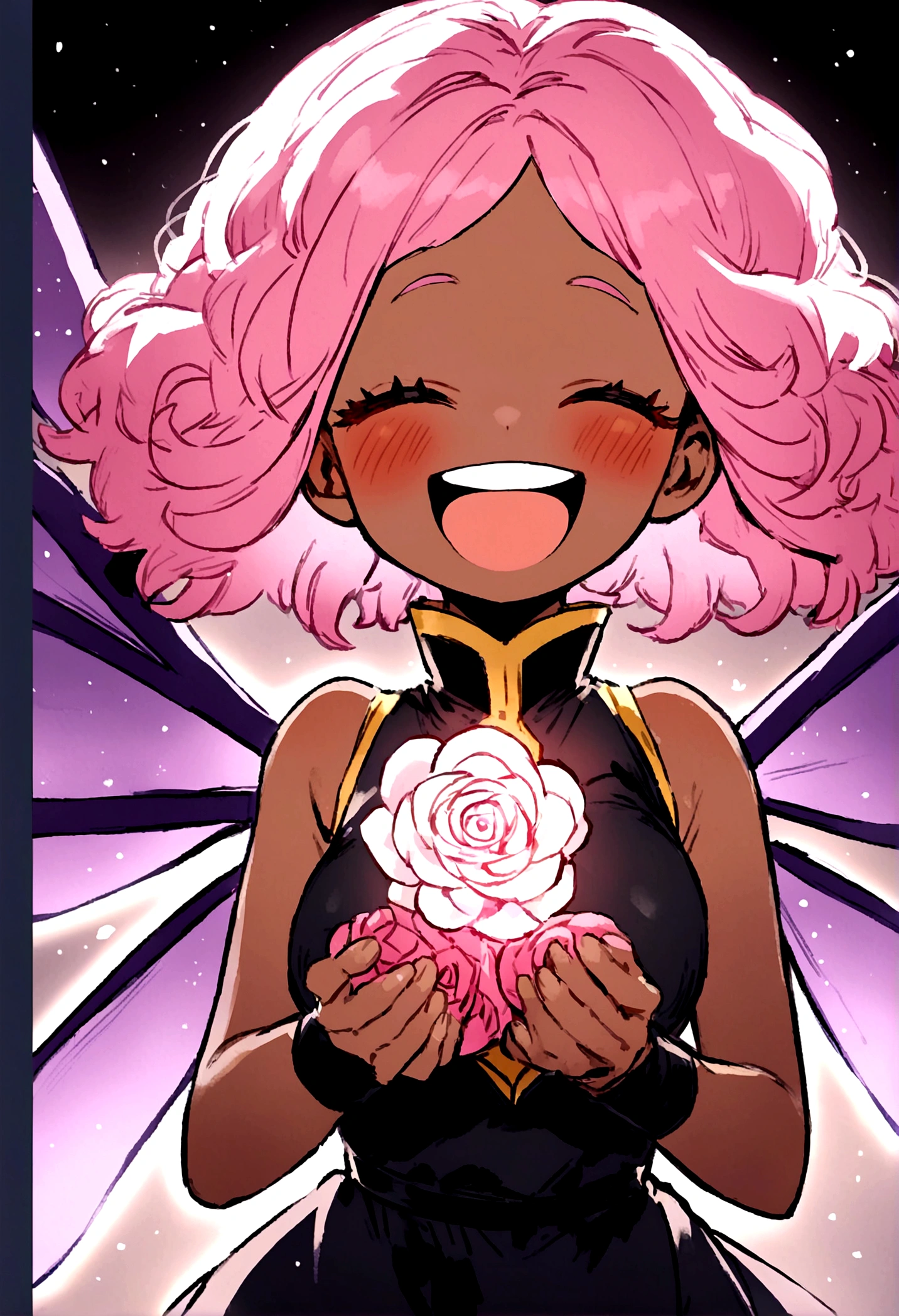 fairy girl with purple wings in the style of my hero academia, with pink hair and dark complexion, and a heroine outfit, In your hands you have a rose of light with a big smile and blushing