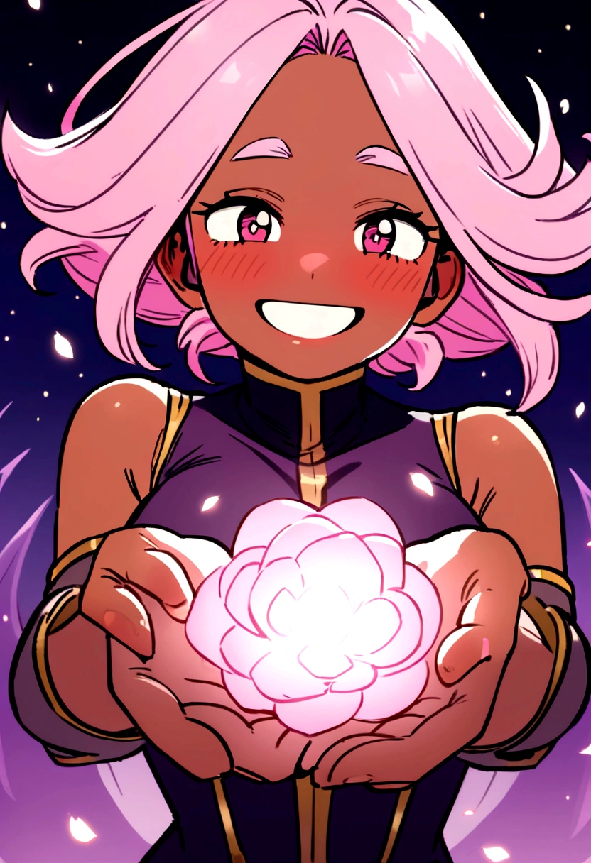 fairy girl with purple wings in the style of my hero academia, with pink hair and dark complexion, and a heroine outfit, In your hands you have a rose of light with a big smile and blushing