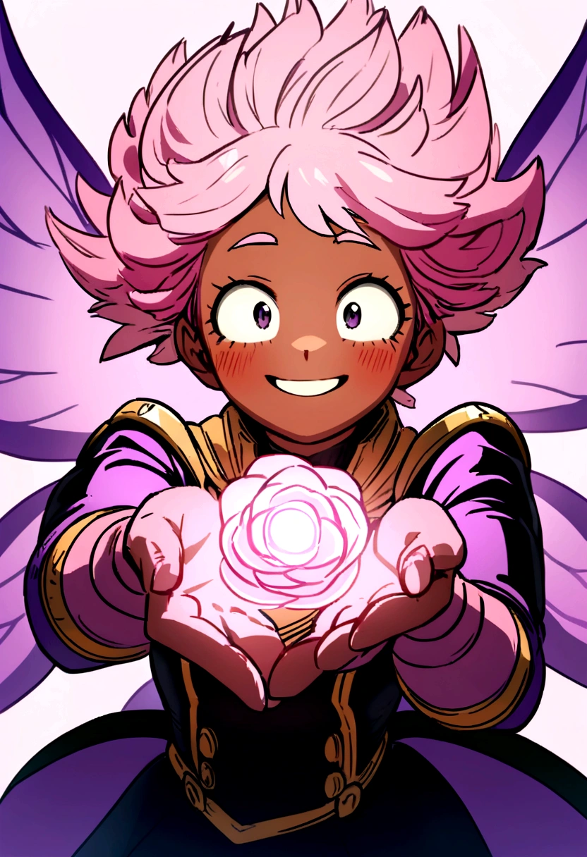 fairy girl with purple wings in the style of my hero academia, with pink hair and dark complexion, and a heroine outfit, In your hands you have a rose of light with a big smile and blushing