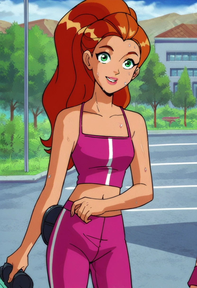 score_9, score_8_up, score_7_up, 
1girl, sam ts, long hair, orange hair, green eyes, ponytail,

outdoors, park, standing, sweat, looking at viewer,

pink camisole, pink yoga pants, vertical stripe,