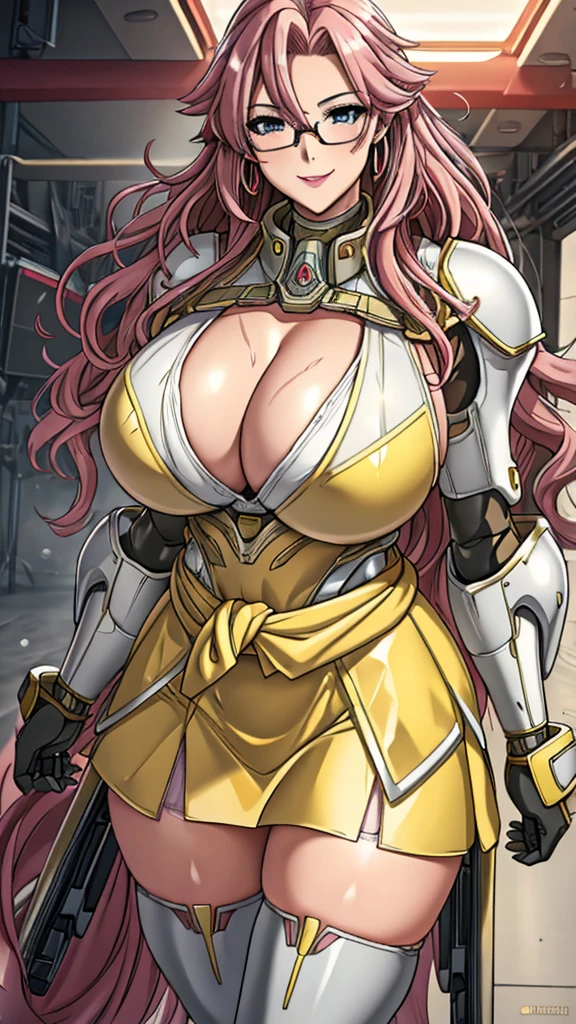 Yellow translucent armor，Arm mecha，long pink hair，Wavy hair style，Huge Breasts，cleavage，Pistol hanging from waist，fighter pilot，fighter hangar，Sexy，Lipstick，Gray eyes，stockings，Short skirt，Smile，Red glasses，earrings，lipstick，Soaked all over，Nipple showing，Mature and stable，Plump body