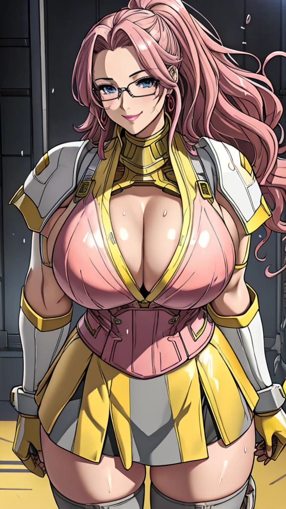 Yellow translucent armor，Arm mecha，long pink hair，Wavy hair style，Huge Breasts，cleavage，Pistol hanging from waist，fighter pilot，fighter hangar，Sexy，Lipstick，Gray eyes，stockings，Short skirt，Smile，Red glasses，earrings，lipstick，Soaked all over，Nipple showing，Mature and stable，Plump body