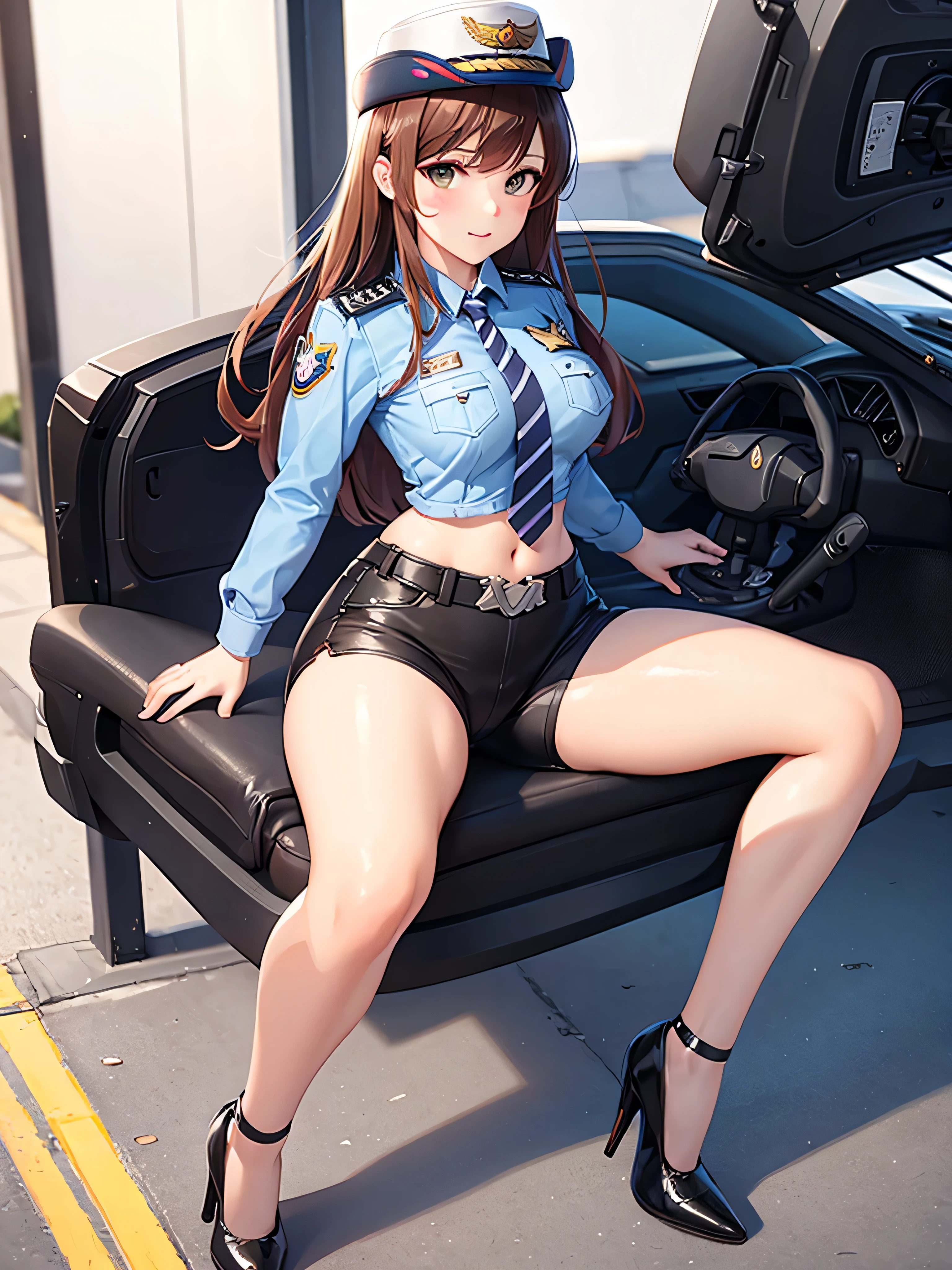 officer dva, solo girl, medium breast, wide hips, thighs, full body, high heels, sitting, open legs