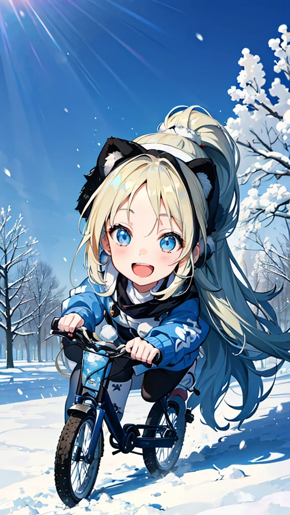 An anime style girl with long blonde hair tied into a high ponytail. Riding a bike on a light snow day Wear a light blue sweater and a winter hat with cute animal prints. There is light sunlight. Shining down from the bright blue sky The surrounding trees were covered with snow. The atmosphere is fresh and quiet. The girl had a bright smile and sparkling eyes. It is a picture that expresses happiness and warmth in winter.