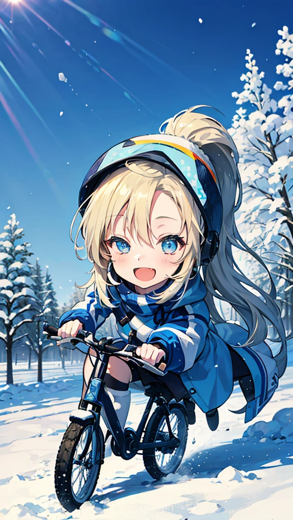 An anime style girl with long blonde hair tied into a high ponytail. Riding a bike on a light snow day Wear a light blue sweater and a winter hat with cute animal prints. There is light sunlight. Shining down from the bright blue sky The surrounding trees were covered with snow. The atmosphere is fresh and quiet. The girl had a bright smile and sparkling eyes. It is a picture that expresses happiness and warmth in winter.