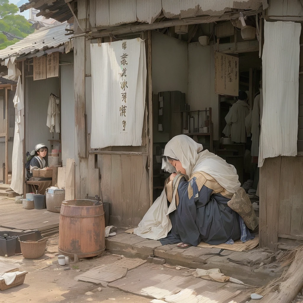 There is a woman sitting on the floor in front of the hut., Beautiful artwork illustration, Gwaiz on pixiv artstation, Painted in an anime artist's studio, artwork in the style of Gwaiz, Gwaiz on artstation pixiv, Gwaiz, Traditional Japanese concept art, Beautiful illustrations, Anime Scene, Created by Anime Painter Studio 1. Scenery and Cityscape in the Early Meiji Era
After the Meiji Restoration, Japan underwent rapid modernization and civilization. Consequently, many changes and reforms occurred. Below is a detailed explanation of the scenery, appearance of the poor, occupations, and cityscapes in the early Meiji period (1868 to the early 1880s).
2. Appearance of the Poor
Life for the impoverished and lower classes remained harsh. In particular, in urban areas, people migrated from rural areas or unemployed artisans gathered, intensifying competition in the labor market. Many of them struggled with poverty, often residing in slums or around temples.
3. Occupations
Meiji early Japan witnessed a diversification of occupations. Traditional agriculture and handicrafts were accompanied by the rise of modern industry and commerce. Particularly in urban areas, factory workers, shop clerks, and transporters increased, giving rise to new professions. However, many in these occupations endured harsh working conditions.
4. Influence of Civilization and Enlightenment
During the Meiji era, Western cultural influences spread rapidly. Changes in clothing, dietary habits, and the proliferation of Western-style architecture advanced, especially in urban areas. Conversely, this development posed a threat to traditional culture and lifestyles, resulting in societal upheaval and adaptation challenges.
5. Social Change and Policy Influence
While promoting modernization policies, the government also addressed poverty and social issues. Legislation for labor protection and charitable activities to aid the poor were implemented. Nevertheless, living conditions for the impoverished scarcely improved.
The early Meiji period marked a rapid transformation in Japan, with complex social landscapes involving challenges