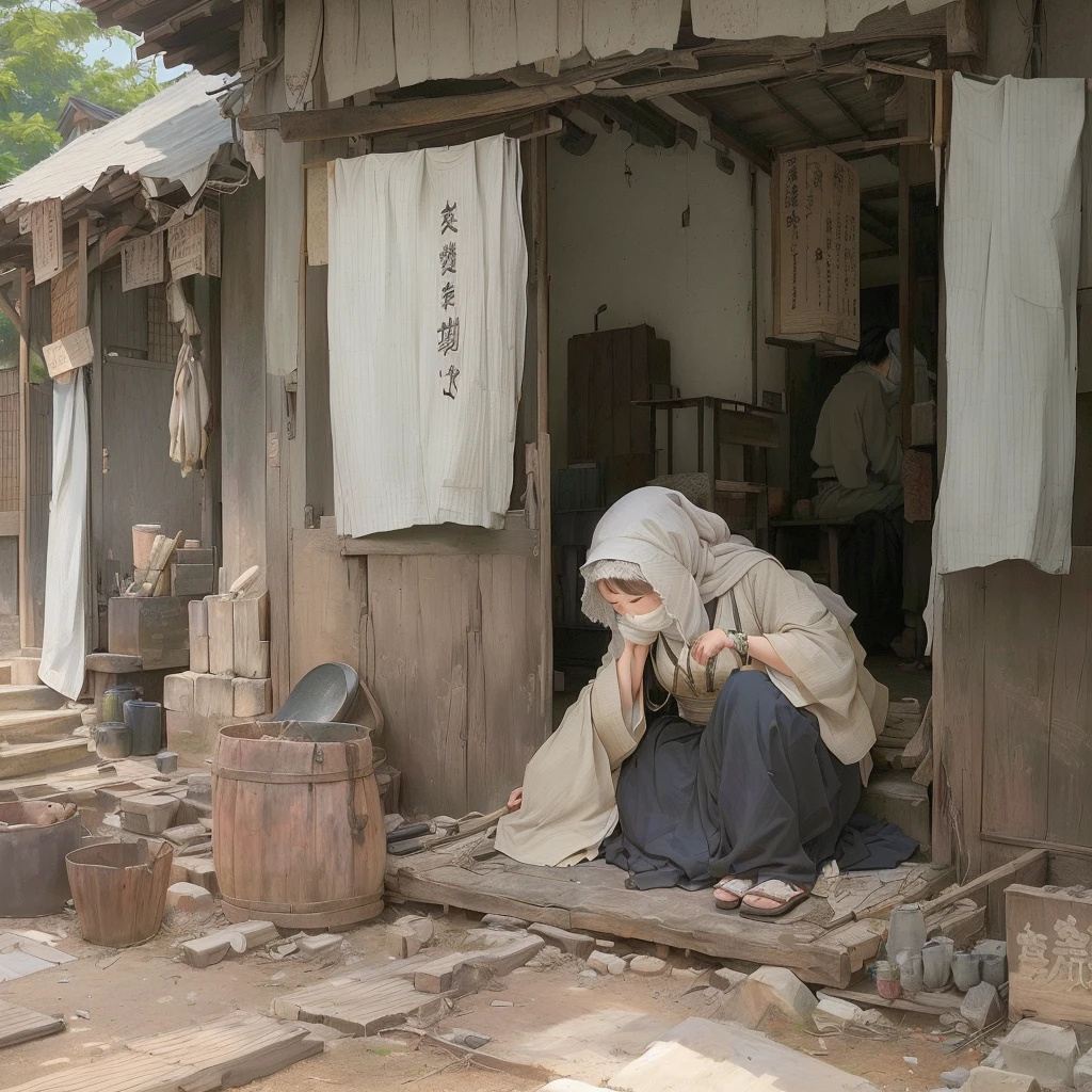 There is a woman sitting on the floor in front of the hut., Beautiful artwork illustration, Gwaiz on pixiv artstation, Painted in an anime artist's studio, artwork in the style of Gwaiz, Gwaiz on artstation pixiv, Gwaiz, Traditional Japanese concept art, Beautiful illustrations, Anime Scene, Created by Anime Painter Studio 1. Scenery and Cityscape in the Early Meiji Era
After the Meiji Restoration, Japan underwent rapid modernization and civilization. Consequently, many changes and reforms occurred. Below is a detailed explanation of the scenery, appearance of the poor, occupations, and cityscapes in the early Meiji period (1868 to the early 1880s).
2. Appearance of the Poor
Life for the impoverished and lower classes remained harsh. In particular, in urban areas, people migrated from rural areas or unemployed artisans gathered, intensifying competition in the labor market. Many of them struggled with poverty, often residing in slums or around temples.
3. Occupations
Meiji early Japan witnessed a diversification of occupations. Traditional agriculture and handicrafts were accompanied by the rise of modern industry and commerce. Particularly in urban areas, factory workers, shop clerks, and transporters increased, giving rise to new professions. However, many in these occupations endured harsh working conditions.
4. Influence of Civilization and Enlightenment
During the Meiji era, Western cultural influences spread rapidly. Changes in clothing, dietary habits, and the proliferation of Western-style architecture advanced, especially in urban areas. Conversely, this development posed a threat to traditional culture and lifestyles, resulting in societal upheaval and adaptation challenges.
5. Social Change and Policy Influence
While promoting modernization policies, the government also addressed poverty and social issues. Legislation for labor protection and charitable activities to aid the poor were implemented. Nevertheless, living conditions for the impoverished scarcely improved.
The early Meiji period marked a rapid transformation in Japan, with complex social landscapes involving challenges