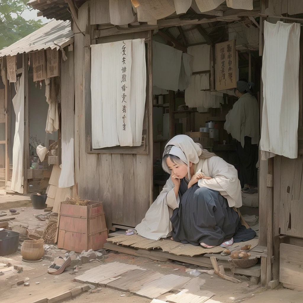 There is a woman sitting on the floor in front of the hut., Beautiful artwork illustration, Gwaiz on pixiv artstation, Painted in an anime artist's studio, artwork in the style of Gwaiz, Gwaiz on artstation pixiv, Gwaiz, Traditional Japanese concept art, Beautiful illustrations, Anime Scene, Created by Anime Painter Studio 1. Scenery and Cityscape in the Early Meiji Era
After the Meiji Restoration, Japan underwent rapid modernization and civilization. Consequently, many changes and reforms occurred. Below is a detailed explanation of the scenery, appearance of the poor, occupations, and cityscapes in the early Meiji period (1868 to the early 1880s).
2. Appearance of the Poor
Life for the impoverished and lower classes remained harsh. In particular, in urban areas, people migrated from rural areas or unemployed artisans gathered, intensifying competition in the labor market. Many of them struggled with poverty, often residing in slums or around temples.
3. Occupations
Meiji early Japan witnessed a diversification of occupations. Traditional agriculture and handicrafts were accompanied by the rise of modern industry and commerce. Particularly in urban areas, factory workers, shop clerks, and transporters increased, giving rise to new professions. However, many in these occupations endured harsh working conditions.
4. Influence of Civilization and Enlightenment
During the Meiji era, Western cultural influences spread rapidly. Changes in clothing, dietary habits, and the proliferation of Western-style architecture advanced, especially in urban areas. Conversely, this development posed a threat to traditional culture and lifestyles, resulting in societal upheaval and adaptation challenges.
5. Social Change and Policy Influence
While promoting modernization policies, the government also addressed poverty and social issues. Legislation for labor protection and charitable activities to aid the poor were implemented. Nevertheless, living conditions for the impoverished scarcely improved.
The early Meiji period marked a rapid transformation in Japan, with complex social landscapes involving challenges