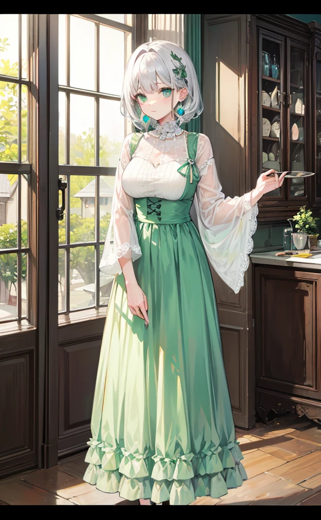 Silver and light green color,Tall,Grandma's delicate and beautiful dress,Youthful Beautiful Girl,Pink decoration,Clarity,Soft and glossy,Fluorescent light,Very quiet