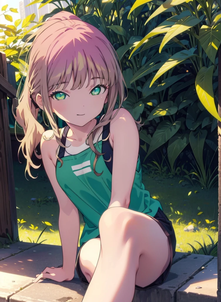 minami yume ,sss Dynazenon ,Long Hair, Brown Hair, (Green Eyes:1.5) ,Center of chest,hair band,ponytail,happy smile, smile, Open your mouth, Blue Tank Top,Shorts,short boots,whole bodyがイラストに入るように,Daytime,Clear skies,Sitting on the steps in the park,
break looking at viewer, whole body,(Cowboy Shot:1. 5),
break outdoors, Residential Street,
break (masterpiece:1.2), Highest quality, High resolution, unity 8k wallpaper, (shape:0.8), (Beautiful and beautiful eyes:1.6), Highly detailed face, Perfect lighting, Highly detailed CG, (Perfect hands, Perfect Anatomy),