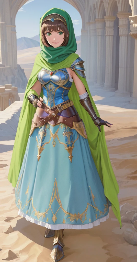 masterpiece, best quality:1.2), 1girl, smile, looking at viewer, green eyes, short brown hair, princess, armor, blue hijab headscarf, pauldrons, armored dress, green cloak cape, wearing puffy blue ballgown skirt, armored boots, fingerless gloves, standing in front of desert castle