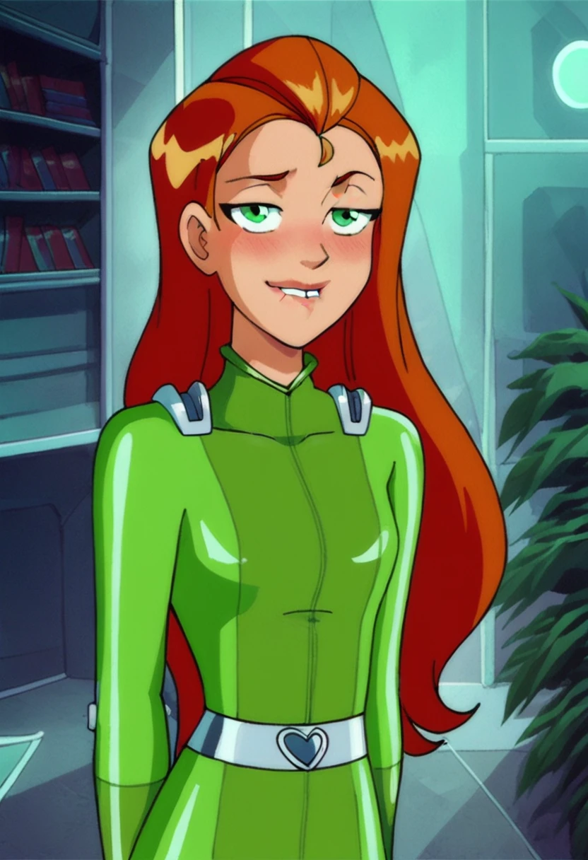 score_9, score_8_up, score_7_up, 
1girl, sam ts, long hair, orange hair, green eyes, 

indoors, green bodysuit, 

looking at viewer, arms behind back, lip biting, narrowed eyes, blush,