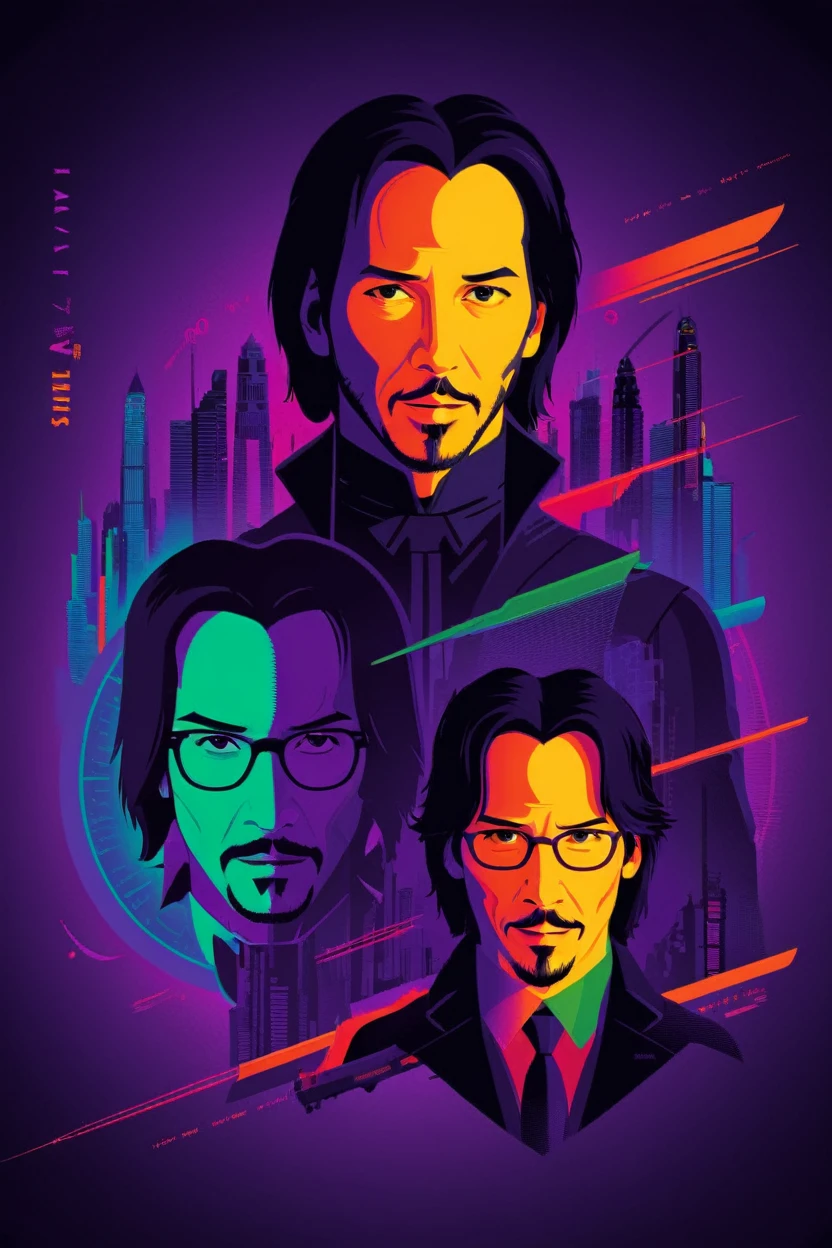 matrix keanu reeves (Tio Nerd ) . digital artwork by Tom Whalen, bold lines, Vibrant, saturated colors 