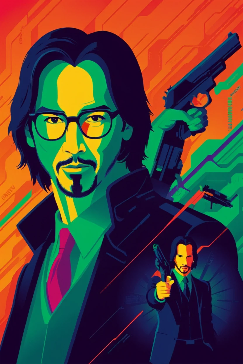 matrix keanu reeves (Tio Nerd ) . digital artwork by Tom Whalen, bold lines, Vibrant, saturated colors 