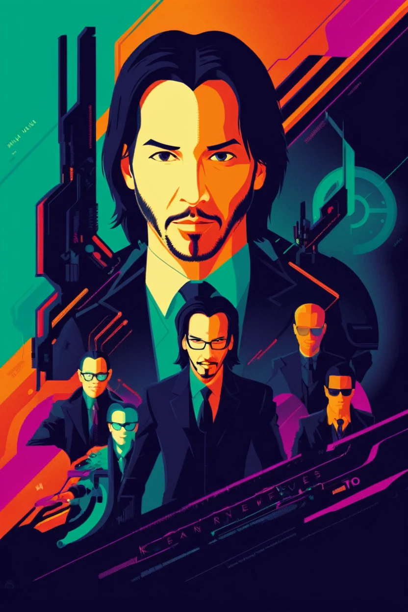 matrix keanu reeves (Tio Nerd ) . digital artwork by Tom Whalen, bold lines, Vibrant, saturated colors 