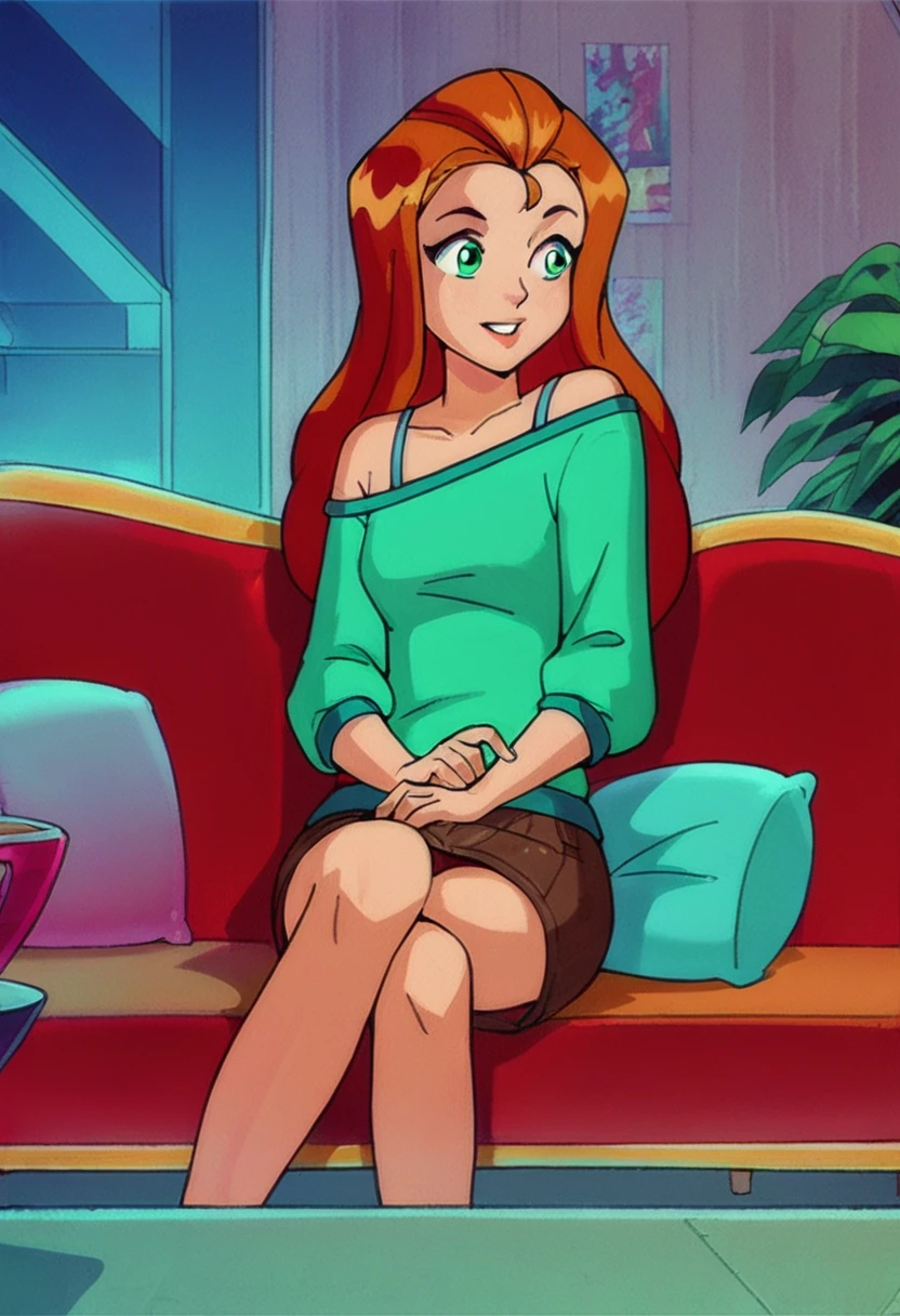 score_9, score_8_up, score_7_up, 
1girl, sam ts, long hair, orange hair, green eyes, 

green shirt, off-shoulder shirt, bra strap, indoors, brown skirt, sitting, on couch, 