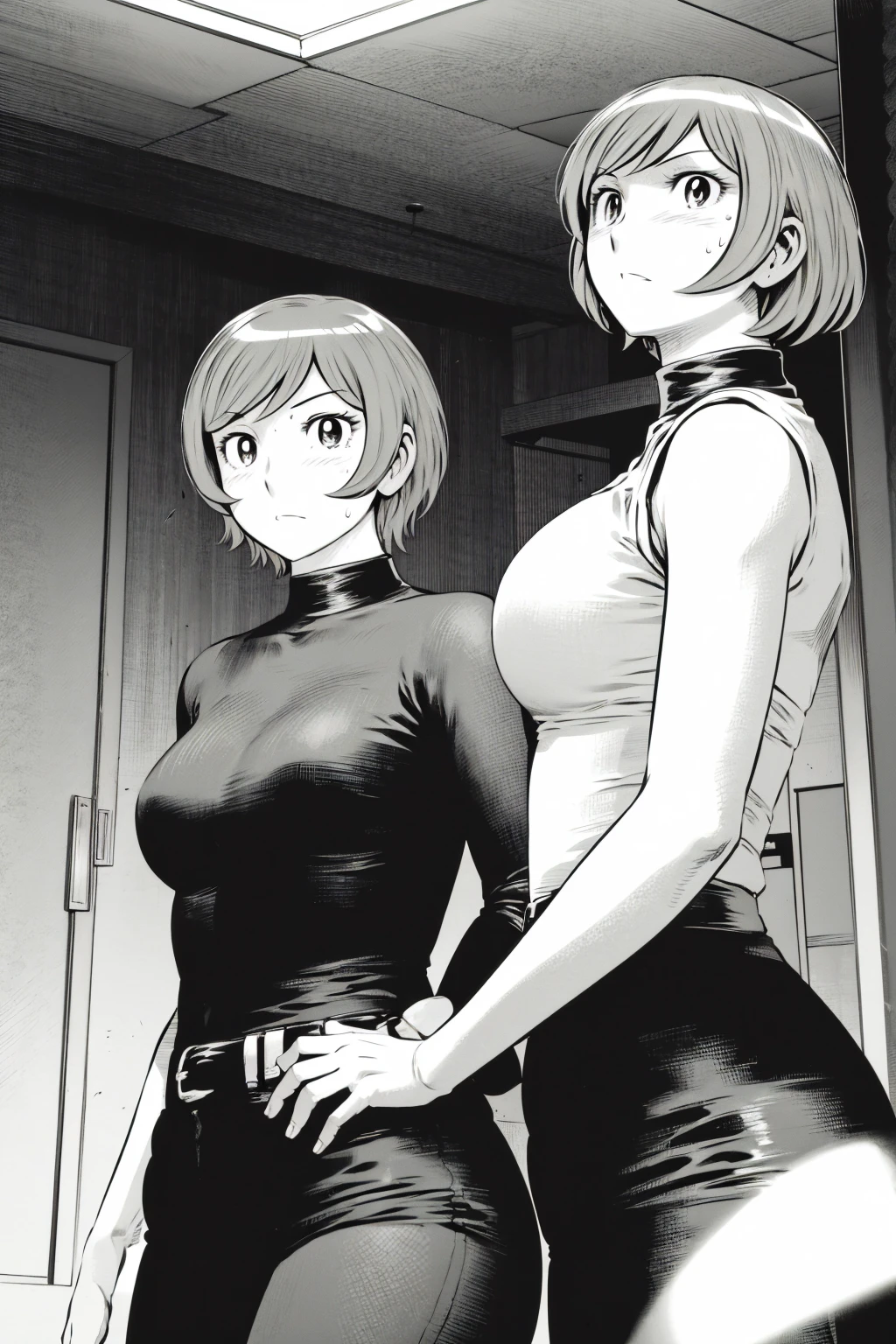 、(masterpiece、Highest quality)、Highest quality, Ultra-high resolution, (((masterpiece))), alone, Sweat、Big eyes,Tight black shirt、Tight white pants、belt、indoor、Composition from the front、（Cut the back hair short、short hair、blonde、woman）、Shortcuts、Embarrassed face、Cut your hair short、可愛いwomanの子、Big Breasts、office