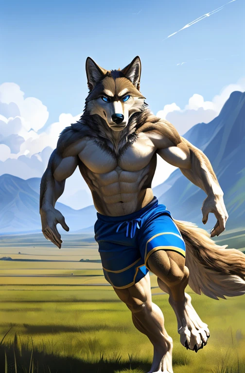 ((alone)), masculine people, anthro wolf, (Multicolored fur, White Brown:1.3), ((wolf face, for white, large eyes, White eyelids, blue pupil, Delgado:1.2) (difficult, calm expression:1.2)), ABS, Delgado, pinging)), (correct anatomy), (work shorts:1.1), (contour bone:1.2), the upper part of the body is naked, (detailed costumes),a big tail,cakes,(realistic skin, detailed skin texture, labelled:1.3)), (natural lighting), photorealistic, Hyper realistic, ultra detailed, for what remains,Endless grasslands,No artifacts,erect track,Running on