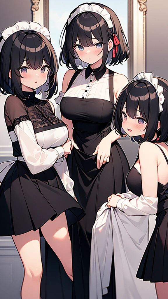 ((masterpiece)), (Highest quality、32k), (Simple style), (Faceless,Face peeling), 2 Girls, A maid with the ability to peel faces and a faceless princess, ???????????, Big Swing ?????, Wearing a face stolen from someone else, ???? body, Sleeveless, No sleeve, Off the shoulder, Black Dress, Pleated lace, Lace dress, black knee socks. Standing, whole body, both hands touch the face, Luxurious Room, {{A maid who stole the princess's face by making it look blank.}}, Browsing Caution, ????