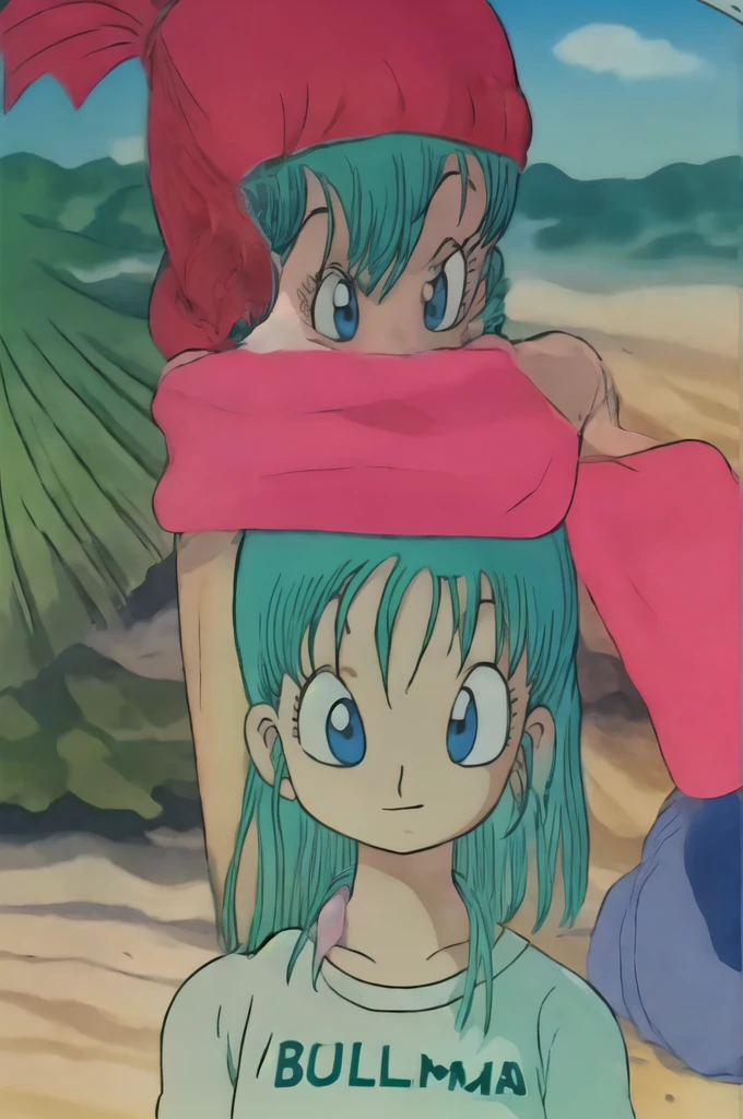 gojo Satoru , bulma , 1 girl solo, bikini pink, top red, , beach, aqua hair, blue eyes, pony tail