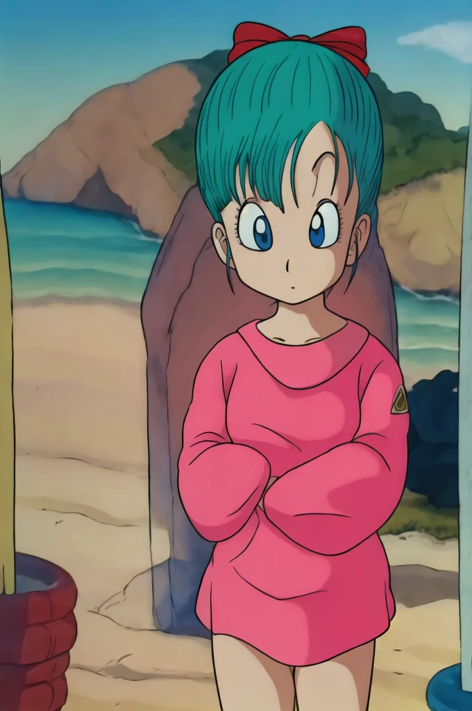 gojo Satoru , bulma , 1 girl solo, bikini pink, top red, , beach, aqua hair, blue eyes, pony tail