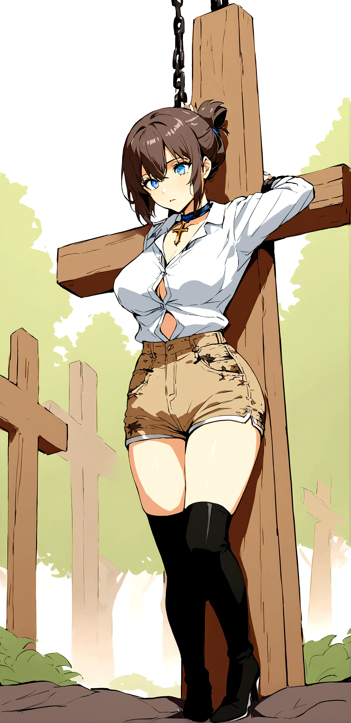Slender and sexy woman,Black thigh-high boots,Beige jean shorts,Chained,Crucifixion,cross,Folded ponytail,suspension,in the forest,