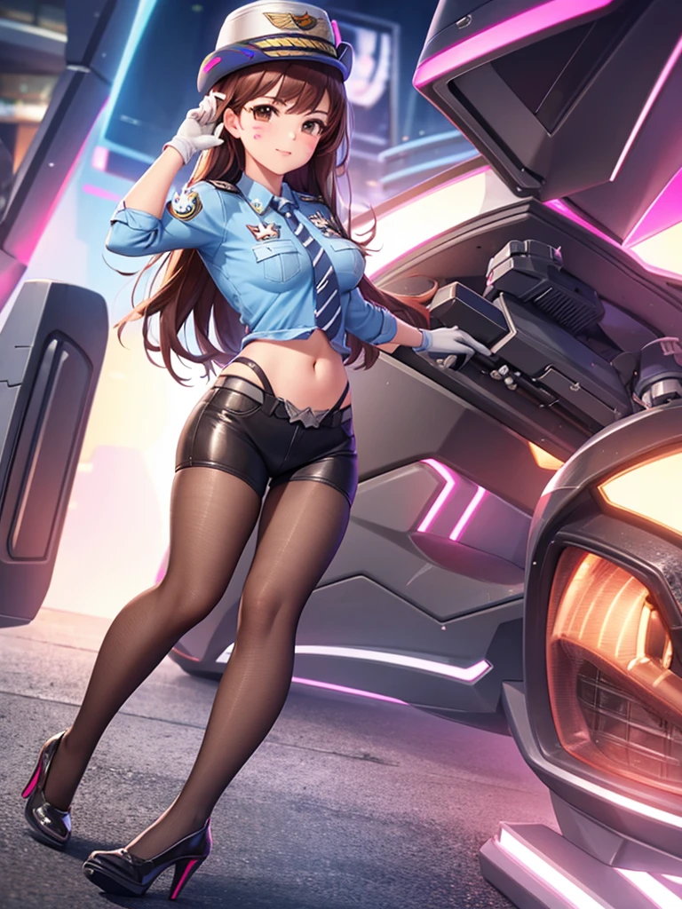 officer dva, solo girl, medium breast, wide hips, thighs, full body, high heels