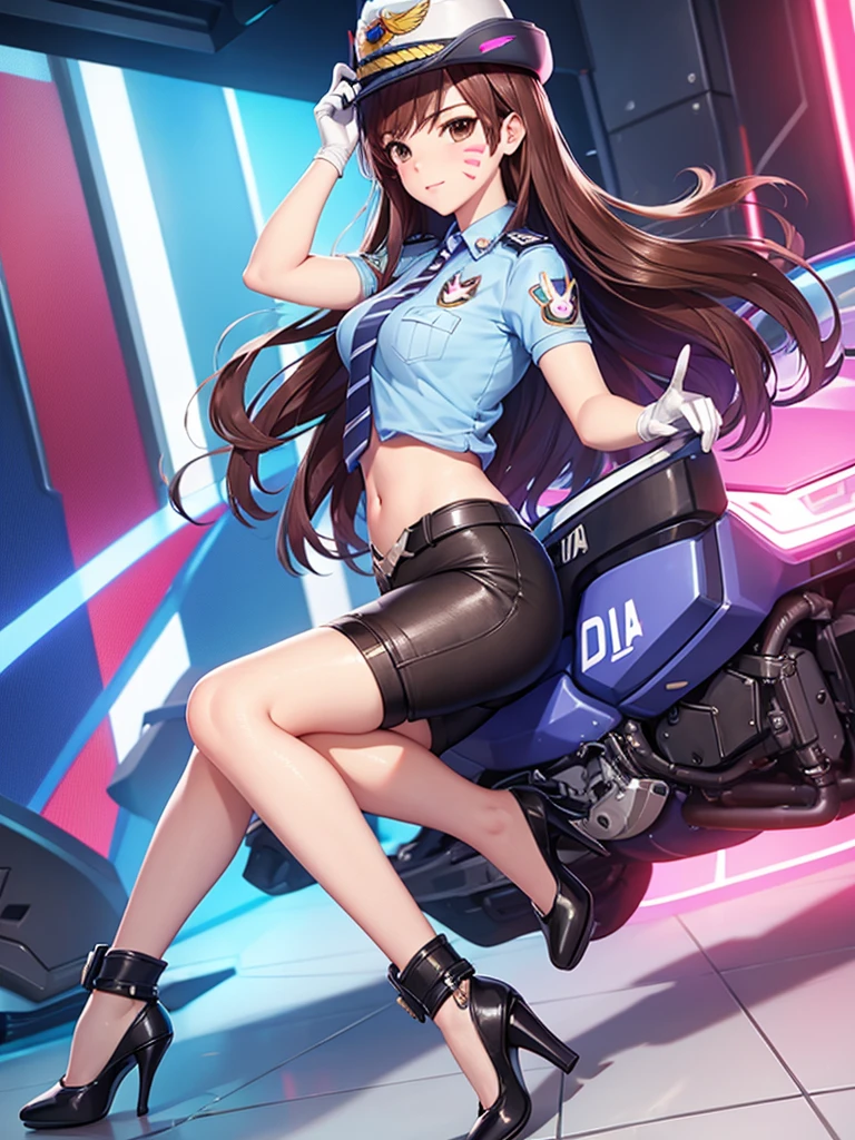 officer dva, solo girl, medium breast, wide hips, thighs, full body, high heels