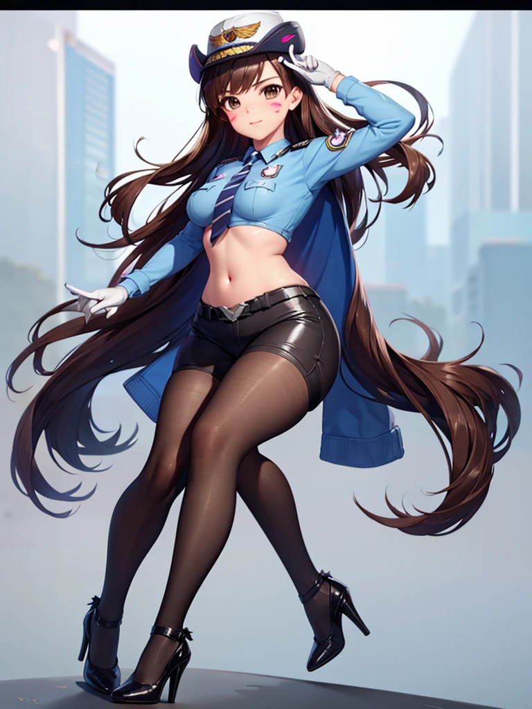 officer dva, solo girl, medium breast, wide hips, thighs, full body, high heels