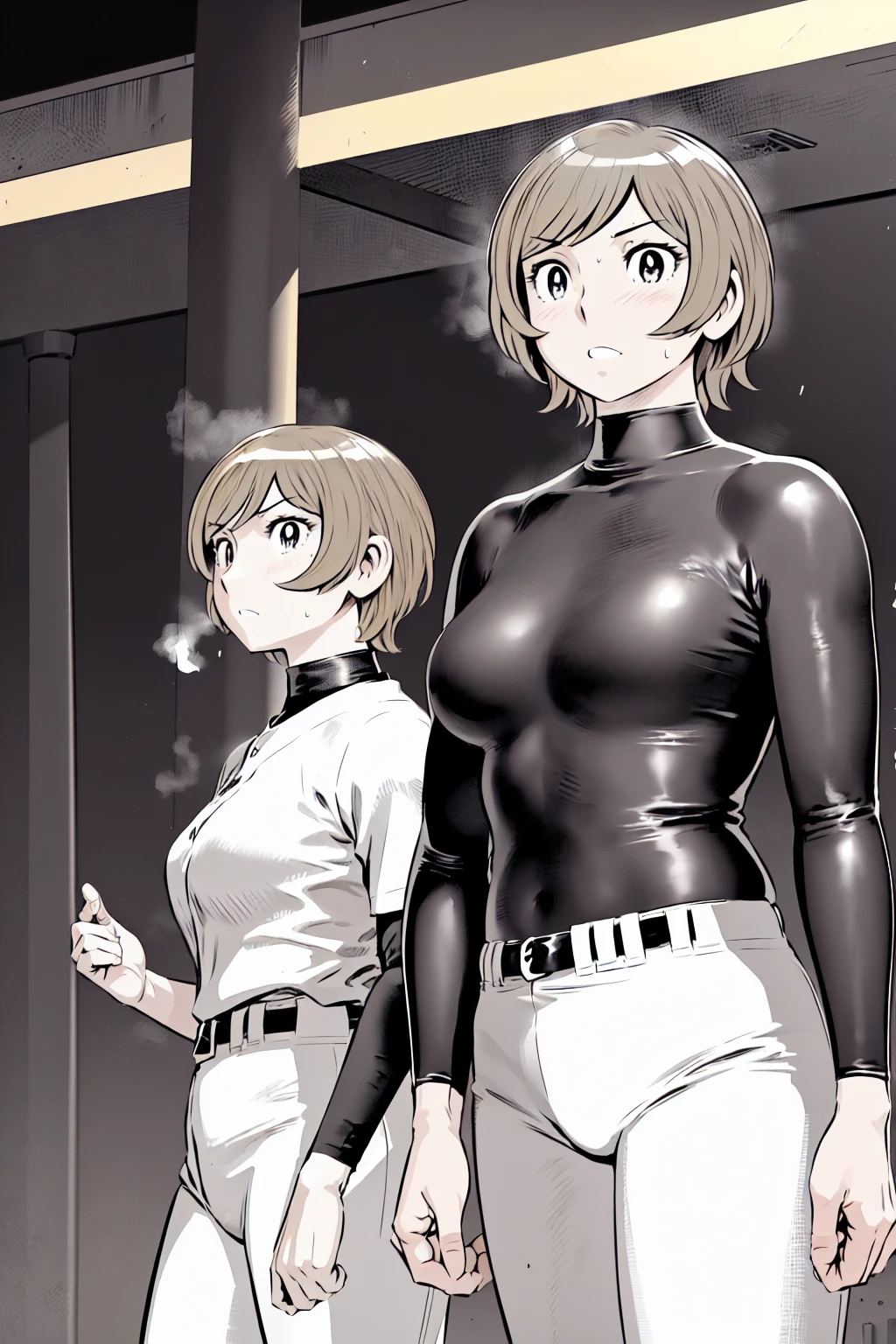 (野球uniform:1.2),
Blonde, (short hair:1.2),Long sleeve, Black Shirt, turtleneck,White trousers、uniform、Black belt、((Illustration of a person))、big 、
View your viewers,, (Highest quality:1.3),One Girl, White pants、uniform、Outdoor、baseball ground、ground、soil、blue eyes、Tight black shirt、(masterpiece、Highest quality)、Highest quality, Ultra-high resolution, (((masterpiece))), alone, Sweat、big eyes、big Breasts、One Girl, Front view、Embarrassed face、Bronze colored hair、((short hair))、Stand up straight、Cowboy Shot