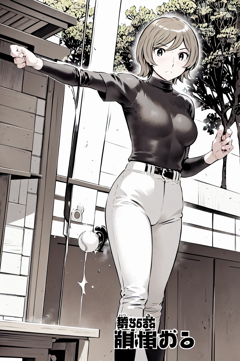 (野球uniform:1.2),
Blonde, (short hair:1.2),Long sleeve, Black Shirt, turtleneck,White trousers、uniform、Black belt、((Illustration of a person))、big 、
View your viewers,, (Highest quality:1.3),One Girl, White pants、uniform、Outdoor、baseball ground、ground、soil、blue eyes、Tight black shirt、(masterpiece、Highest quality)、Highest quality, Ultra-high resolution, (((masterpiece))), alone, Sweat、big eyes、big Breasts、One Girl, Front view、Embarrassed face、Bronze colored hair、((short hair))、Stand up straight、Cowboy Shot