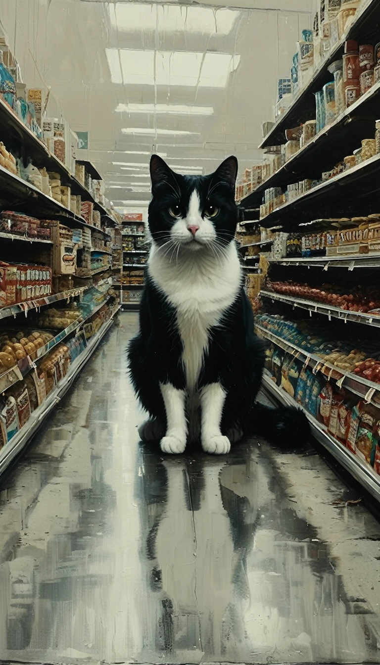 Close up of a grocery store with a black and white cat staring from far in the distance