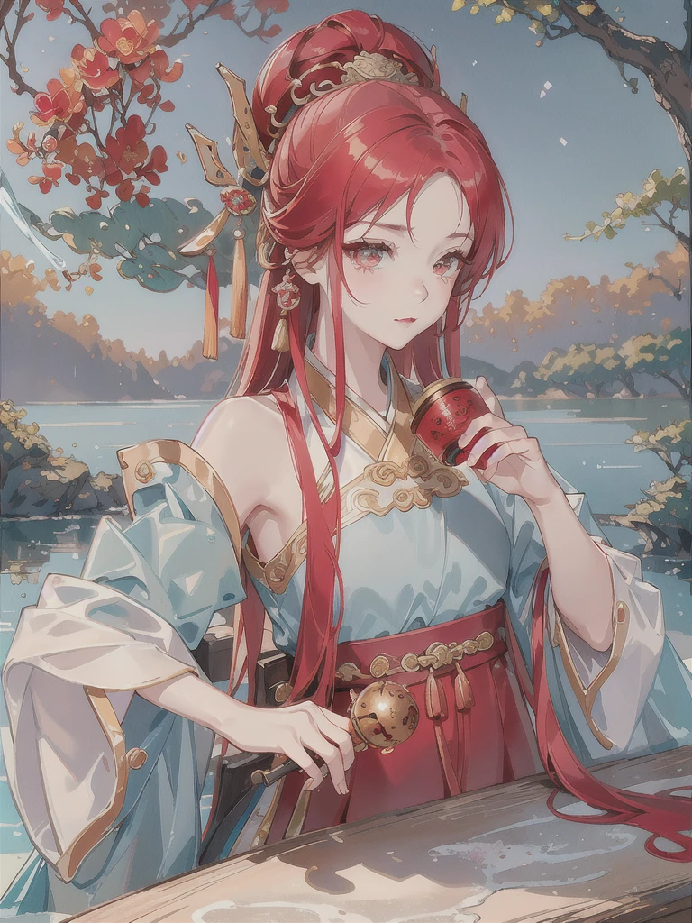 best quality, intricate details, highres,(beautiful detailed water:1.4),(hanfu, tang style),{{{red and gold eyes}}},{{{long ruby red hair}}}, (1girl in glass jar:1.1),