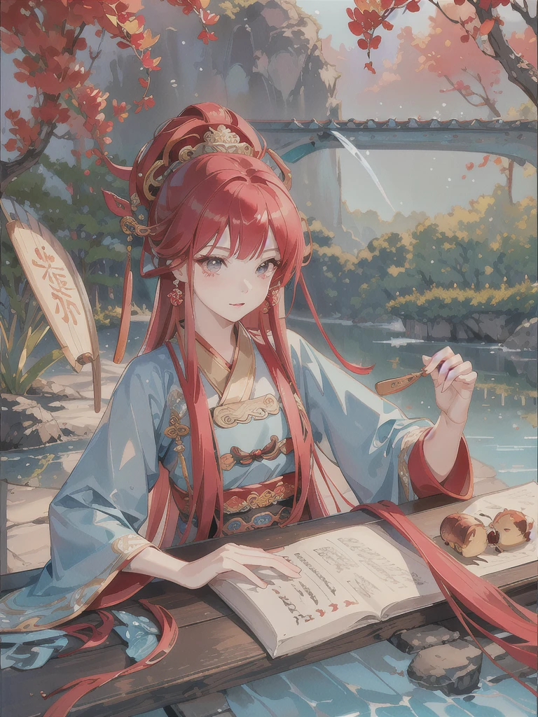 best quality, intricate details, highres,(beautiful detailed water:1.4),(hanfu, tang style),{{{red and gold eyes}}},{{{long ruby red hair}}}, (1girl in glass jar:1.1),