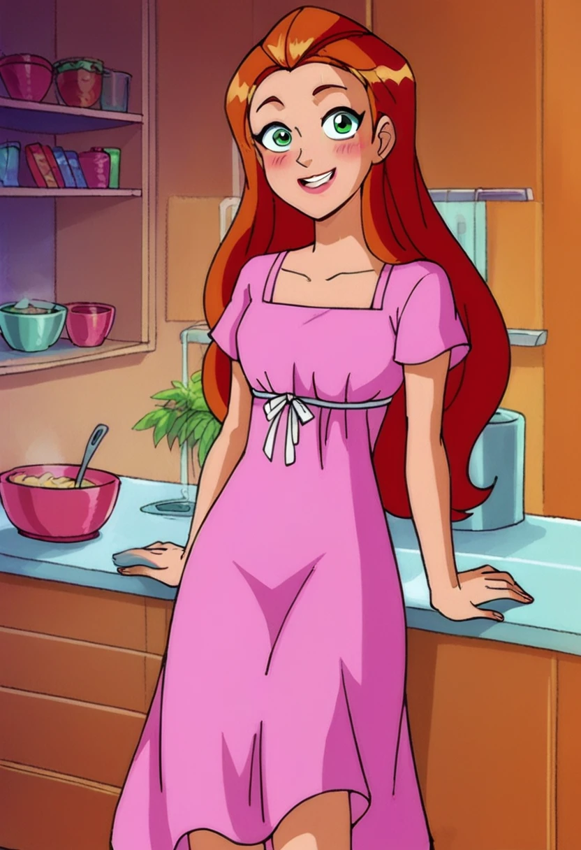 score_9, score_8_up, score_7_up,
1girl, sam ts, long hair, orange hair, green eyes,
indoors, kitchen, standing, pink nightgown, pink dress, long dress, short sleeves, white ribbon,
looking at viewer, smile, blush,