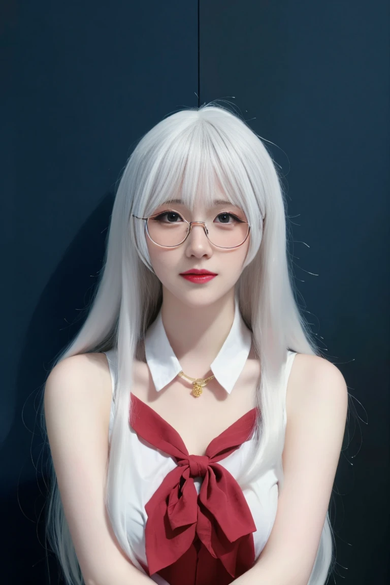 best quality, tmasterpiece,Ultra-high resolution,Clear face,（Reality：1.4），ferpect lighting，(upper body), (photorealistic:1.50), anime wallpaper, Guviz style artwork, cover-up fantasy up to magic , by Yang J, Guviz, beautiful artwork illustration, beautiful digital artwork, beautiful digital illustration, Li Song, beautiful anime portrait, art style in Beauvot, 1girl, 独奏, long hair, hair ribbon, (white hair:1.5), bangs, purple eyes, double eyelids, blush, Red cheeks, Sleeveless uniform, School uniforms, Short skirt, (Wearing glasses:1.5), (medium breast:1.5), shagging breasts, Cleavage, indoor, room, standing,