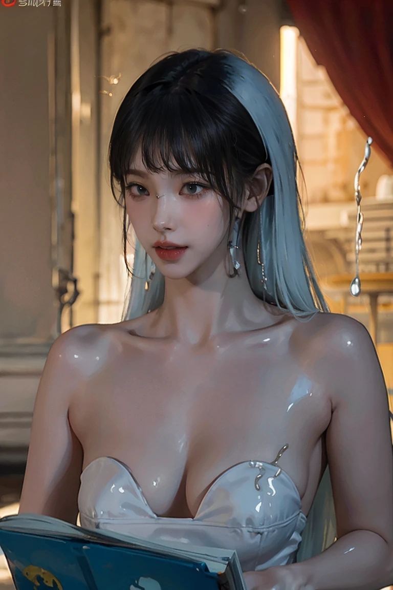 topless,Covered in oil, it sparkles, Perfect and detailed appearance, 8K, masterpiece, Super detailed, Highest quality, (oily and slippery:1.9), Perfect fit, Sunburned, wild, Long white hair, (Browsing Caution:1.0)