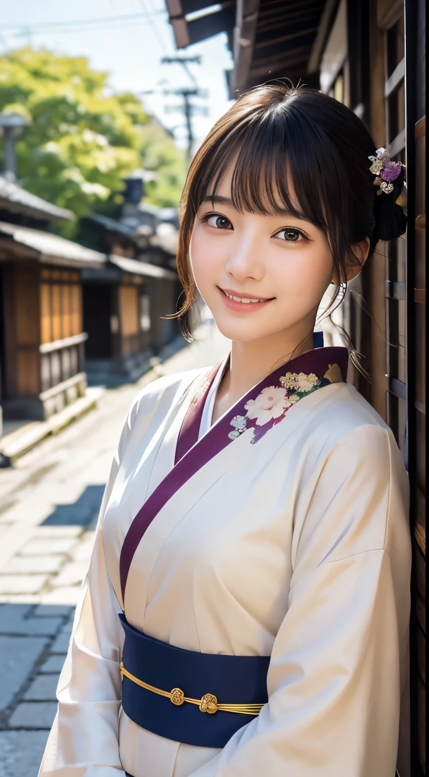 Professional Lighting,(Realistic:1.4), (Top image quality:1.0), (超High resolution:1.0), 8K, Raw photography, (masterpiece:0.2), (Dealing with the Children_v1:0.5)、(最高quality Detail:1.2)、Realistic、8K Ultra HD、High resolution、(1 Girl:1.2)、超detailedな、High quality textures、複雑なdetailed、detailed、Very detailed CG、High quality shadows、detailed 美しく繊細な顔、Beautiful details and a delicate eye、(Symmetrical eyes:1.2),Written boundary depth、Ray Tracing,1 Girl, Japanese Girls, (Natural smile:1.4),cute, thin, Portrait of a beautiful Japanese woman in a kimono, Standing elegantly on a street corner in Kyoto. Kimono with vibrant traditional patterns, Hair decorated with elegant and delicate hairpins, Gentle expression. (With the old streets of Kyoto in the background:1.4)、The soft light of a spring afternoon、Adding tranquility to the scene. Rendered in a Realistic style with great attention to detail, High resolutionの画像.Sky Porn, Magic Hour, (Realistic:1.3), finely, quality, (Tabletop:1.2), (Realistic:1.2), (最高quality), (複雑なdetailed), dramatic, Ray Tracing, photograph, +roller