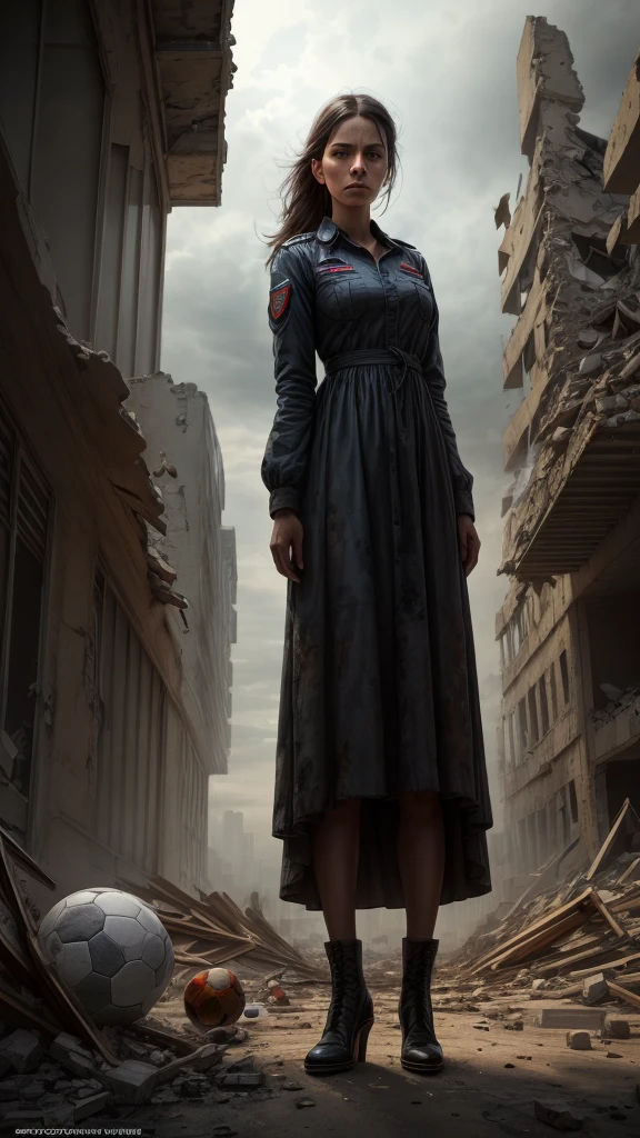 solitary soldier, standing amidst rubble, rubble-strewn urban ruins, crumbling buildings, dusty soccer ball, solemn , dirty dress, sad expression, holding soldier's hand, thoughtful expression,(photorealistic:1.37), (ultra-detailed lighting:1.2), studio lighting, fine painting, under ominous sky