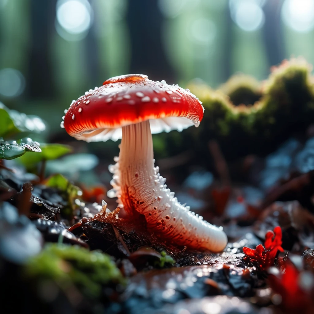 hyperrealistic extreme closeup macro photography, slimy translucent slug crawling on top of red and white mushroom, cinematic lighting, insane details, 64 megapixel DSLR