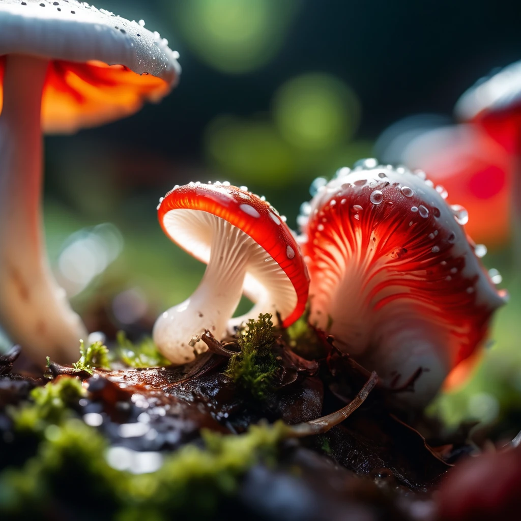 hyperrealistic extreme closeup macro photography, slimy translucent slug crawling on top of red and white mushroom, cinematic lighting, insane details, 64 megapixel DSLR