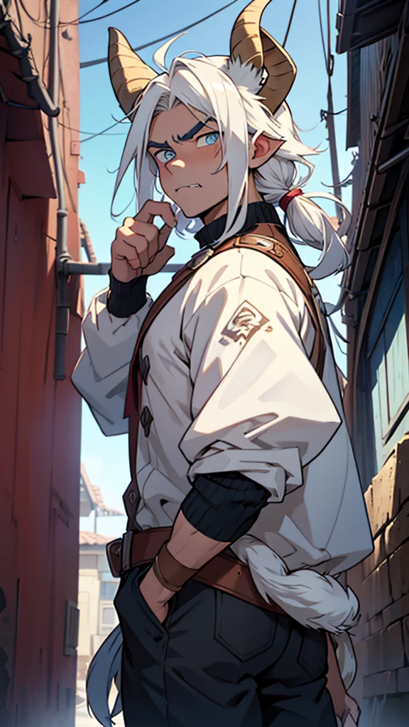 16 year old man, goat-like features, goat horns curved back, patchy skin tone, 4ft in height, thick white eyebrows, thick shoulder length hair, goat ears, goat tail, blue eyes with horizontal pupils, looks angry, human face, Screenshot Screencap anime Boku no hero academia