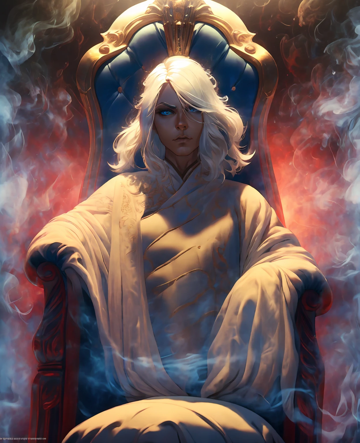 a young man with white hair sitting on a throne, expressive and serious look, beautiful detailed blue eyes, photorealistic, cinematic lighting, intricate details, black robe, highly detailed face, dramatic pose, ornate throne, rays of light, chiaroscuro, hyper realistic, masterpiece, 8k, sharp focus