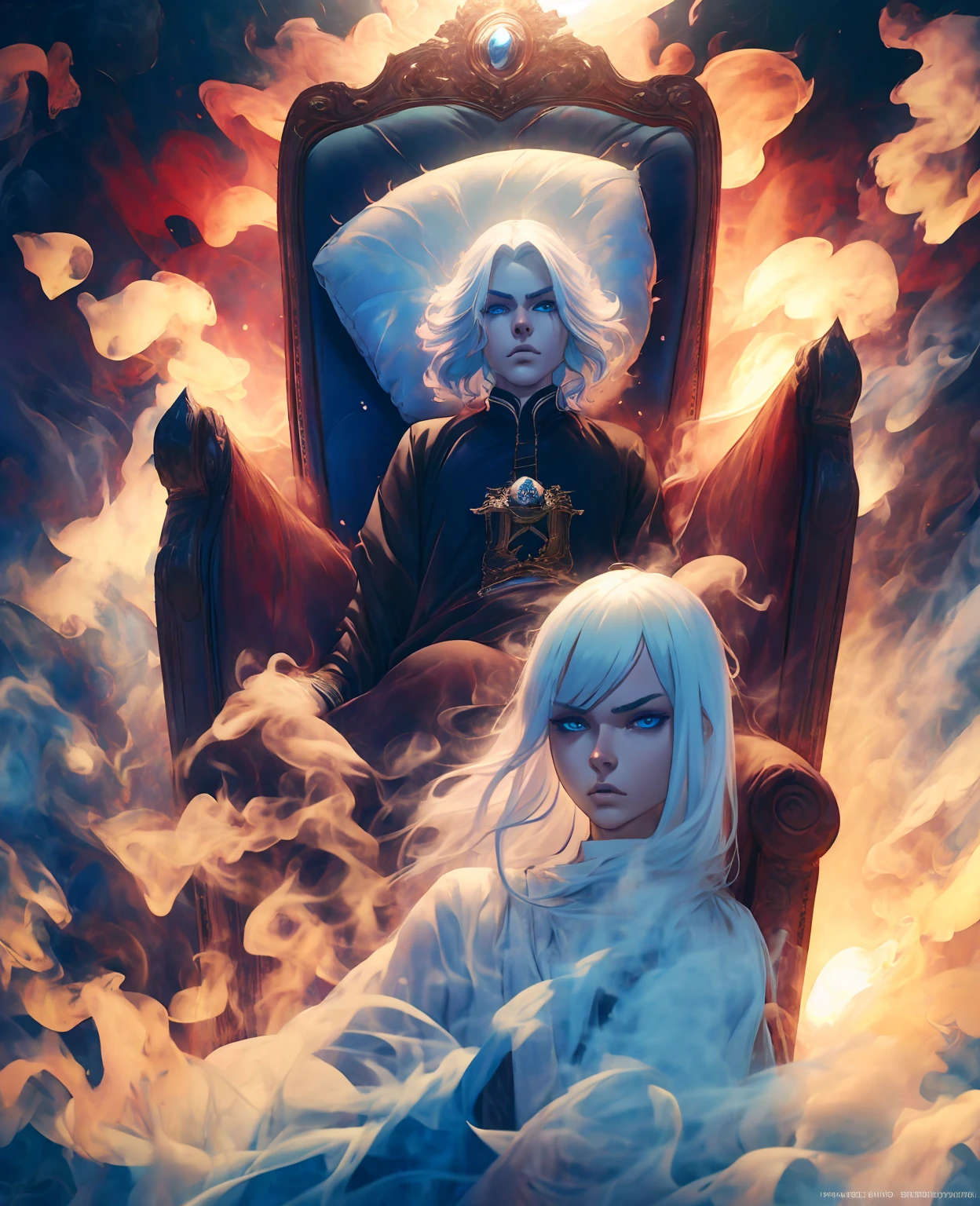 a young man with white hair sitting on a throne, expressive and serious look, beautiful detailed blue eyes, photorealistic, cinematic lighting, intricate details, black robe, highly detailed face, dramatic pose, ornate throne, rays of light, chiaroscuro, hyper realistic, masterpiece, 8k, sharp focus