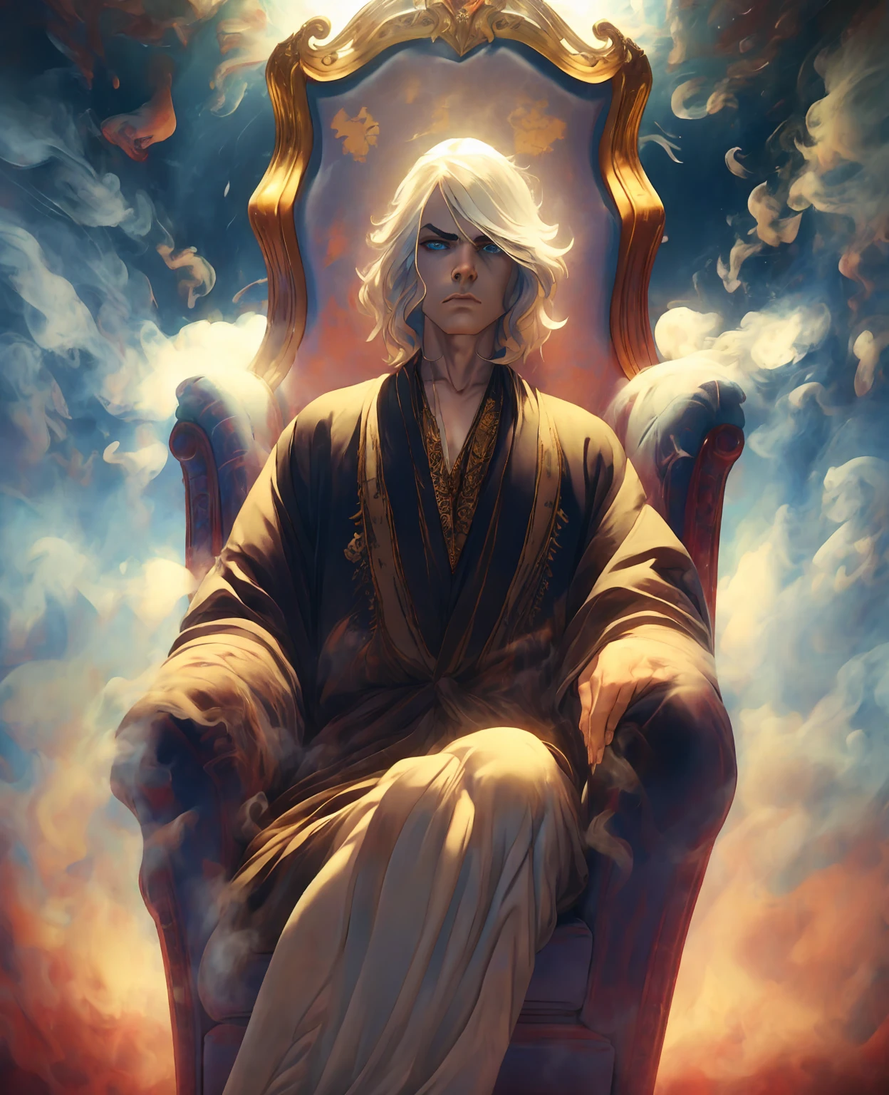 a young man with white hair sitting on a throne, expressive and serious look, beautiful detailed blue eyes, photorealistic, cinematic lighting, intricate details, black robe, highly detailed face, dramatic pose, ornate throne, rays of light, chiaroscuro, hyper realistic, masterpiece, 8k, sharp focus